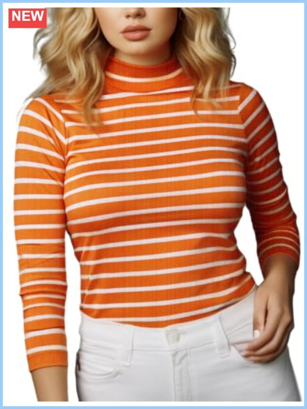 Ribbed Knit Turtleneck Long Sleeve Striped Shirt Fitted Mock Neck Layering Top